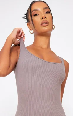 Ash Grey Structured Snatched Ribbed Scoop Neck Jumpsuit