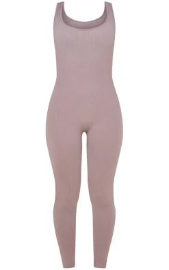 Ash Grey Structured Snatched Ribbed Scoop Neck Jumpsuit