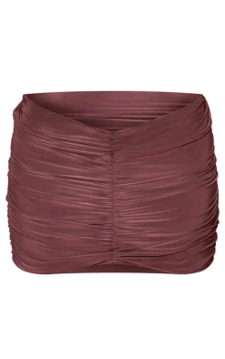 Aubergine Double Layer Slinky Ruched Dipped Hem Mini Skirt