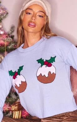 Baby Blue Christmas Pudding Cropped Sweater