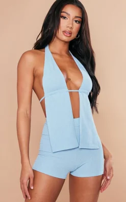 Baby Blue Crinkle Rib Halterneck Bralet
