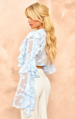 Baby Blue Floral Organza Ruffle Tie Crop Blouse