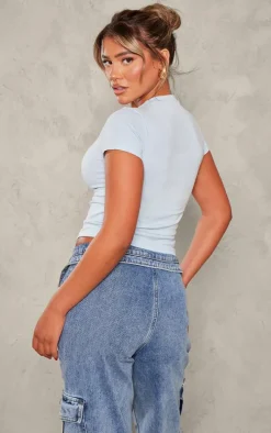 Baby Blue Flower Print Fitted Short Sleeve T Shirt