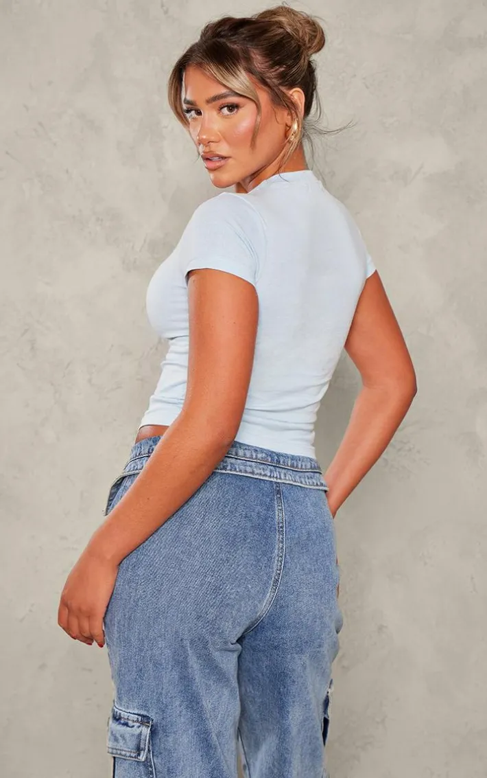 Baby Blue Flower Print Fitted Short Sleeve T Shirt