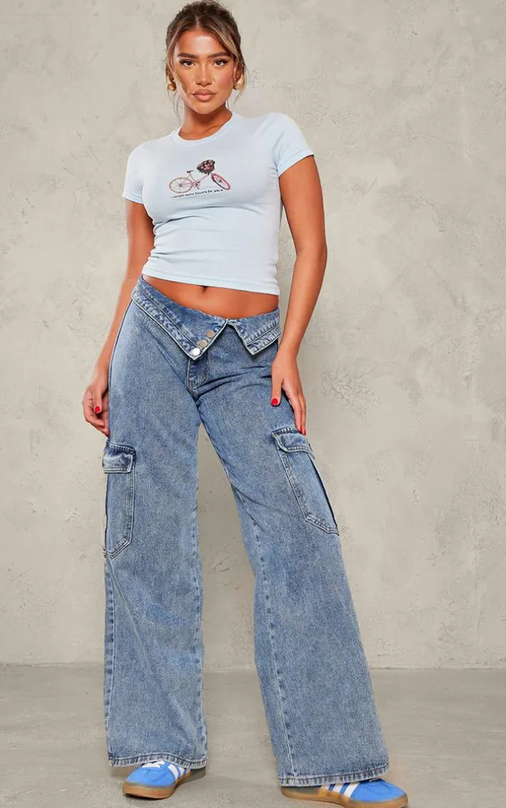 Baby Blue Flower Print Fitted Short Sleeve T Shirt