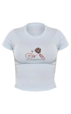 Baby Blue Flower Print Fitted Short Sleeve T Shirt