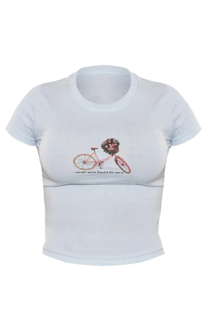 Baby Blue Flower Print Fitted Short Sleeve T Shirt