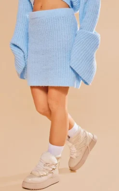 Baby Blue Knitted Brushed Mini Skirt