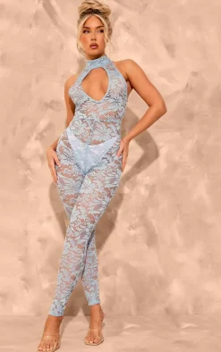 Baby Blue Lace Halter Neck Backless Jumpsuit