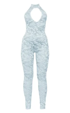 Baby Blue Lace Halter Neck Backless Jumpsuit