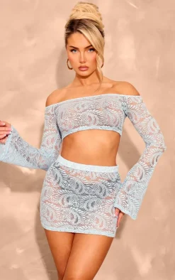 Baby Blue Lace Long Sleeve Bardot Top