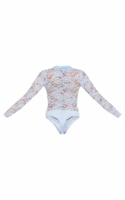 Baby Blue Lace V Neck Long Sleeve Bodysuit