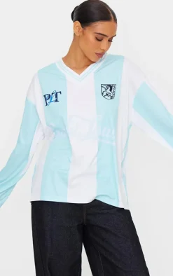 Baby Blue Logo Sports Striped Long Sleeve Jersey