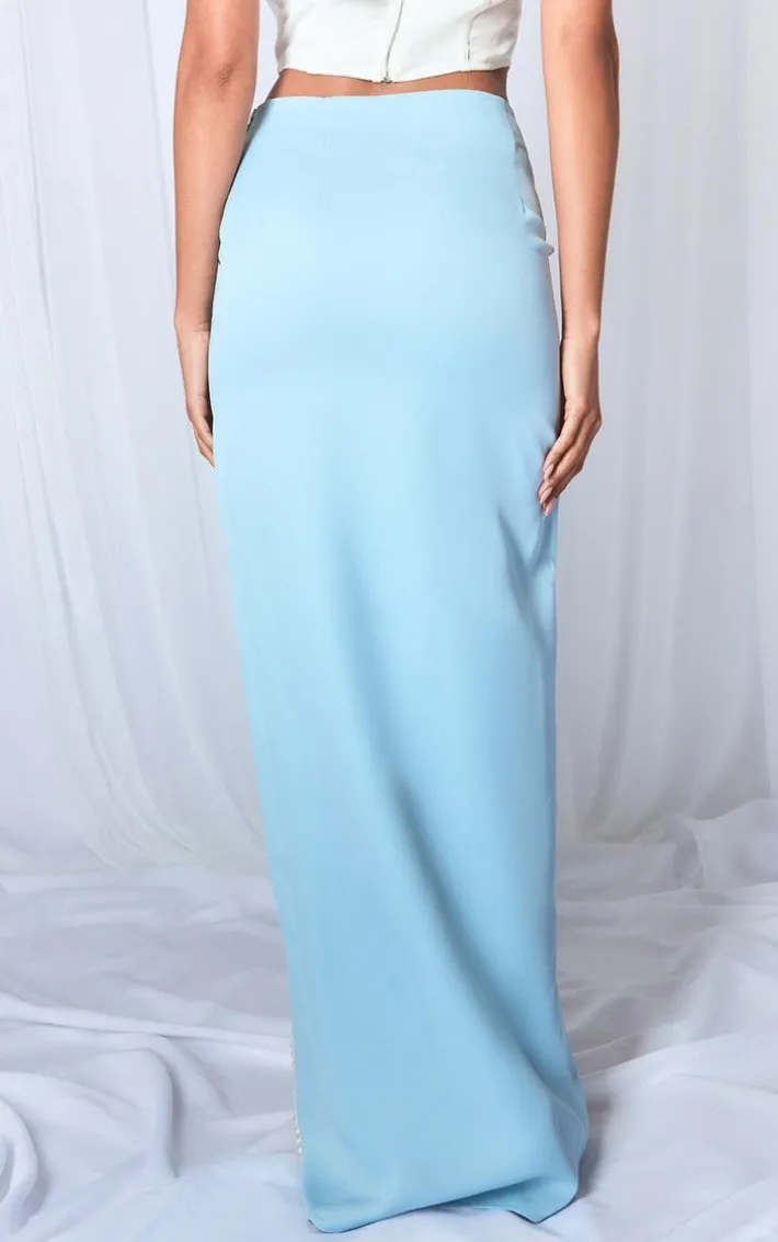 Baby Blue Pearl Thigh Trim Woven Maxi Skirt