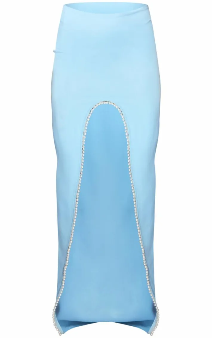 Baby Blue Pearl Thigh Trim Woven Maxi Skirt