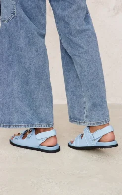 Baby Blue PU Round Toe Buckled Sling Back Footbed Sandals