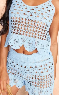 Baby Blue Textured Crochet Frill Hem Shorts