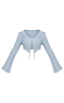 Baby Blue Textured Dip Hem Flute Sleeve Shirt