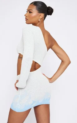 Baby Blue Towel Knit Flame One Sleeve Bodycon Dress