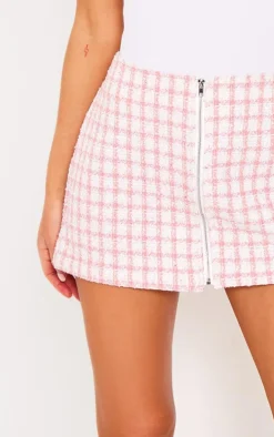 Baby Pink Checkered Boucle Zip Front Mini Skirt