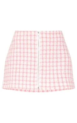 Baby Pink Checkered Boucle Zip Front Mini Skirt