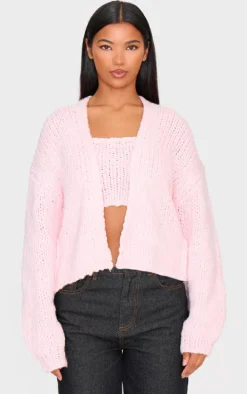 Baby Pink Chunky Knit Cami Top And Cardigan Set