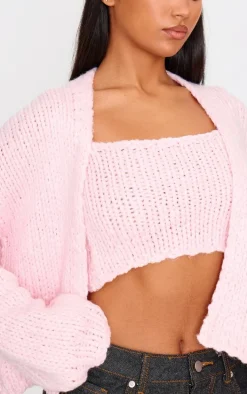 Baby Pink Chunky Knit Cami Top And Cardigan Set