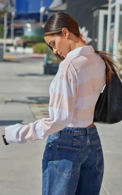 Baby Pink Chunky Striped Collared Cropped Long Sleeve Top