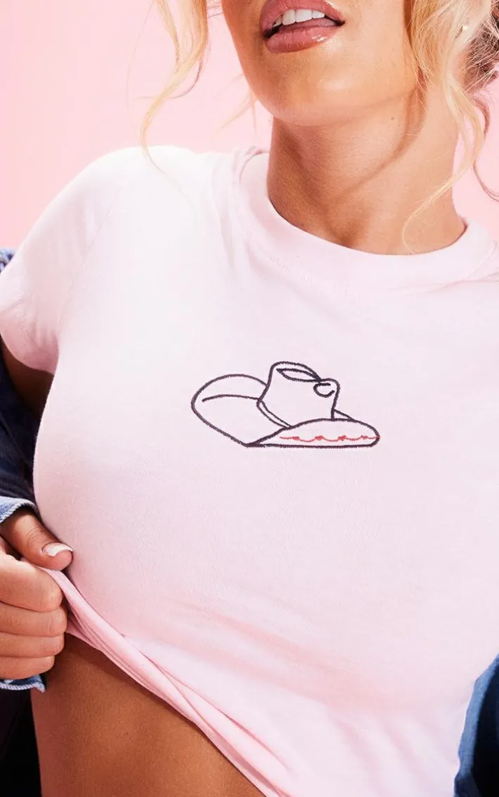 Baby Pink Cowboy Hat Embroidered Fitted T Shirt