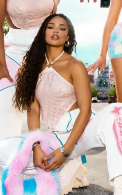 Baby Pink Diamante Scarf Halter Top