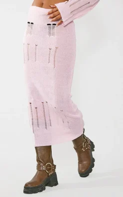 Baby Pink Distressed Ladder Knit Maxi Skirt