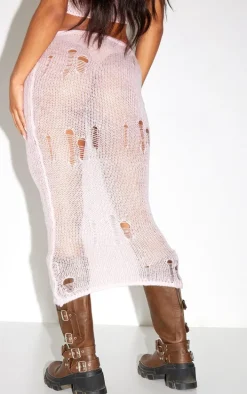 Baby Pink Distressed Open Knit Midi Skirt