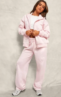 Baby Pink Embossed Heart Zip Up Hoodie