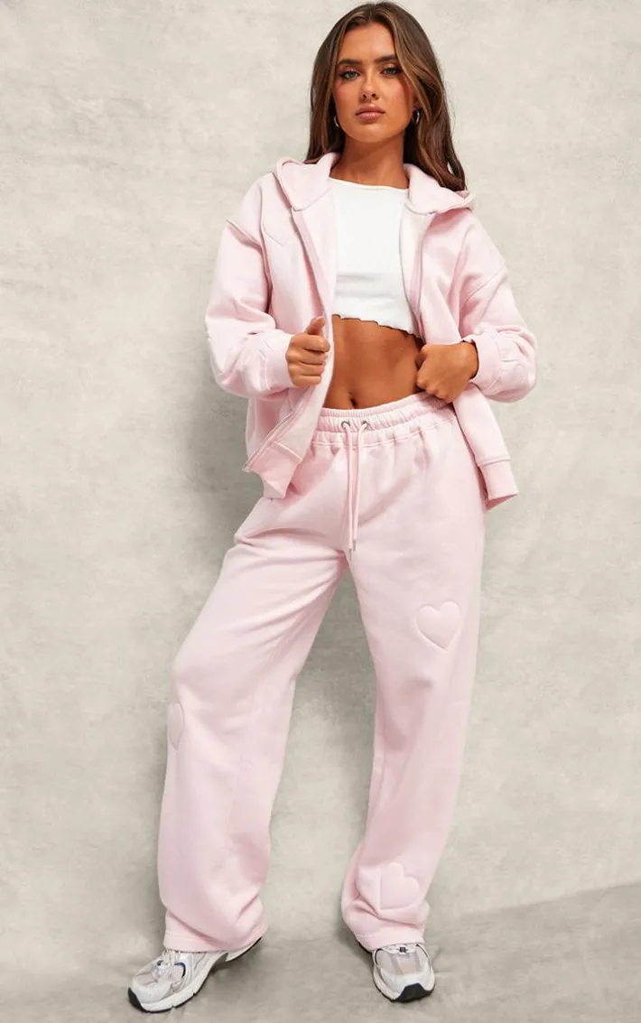 Baby Pink Embossed Heart Wide Leg Sweatpants