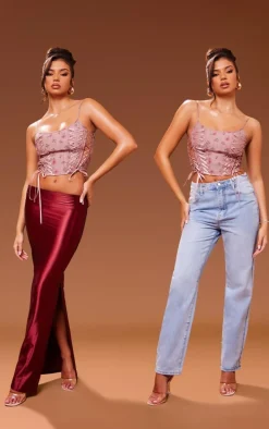 Baby Pink Floral Print Textured Satin Lace Up Corset