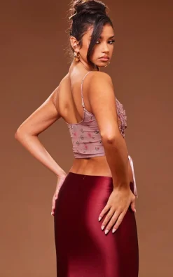 Baby Pink Floral Print Textured Satin Lace Up Corset