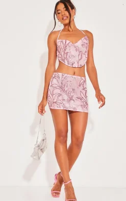 Baby Pink Floral Sequin Mini Skirt