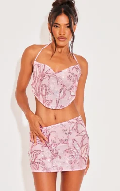 Baby Pink Floral Sequin Mini Skirt