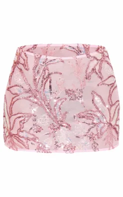 Baby Pink Floral Sequin Mini Skirt