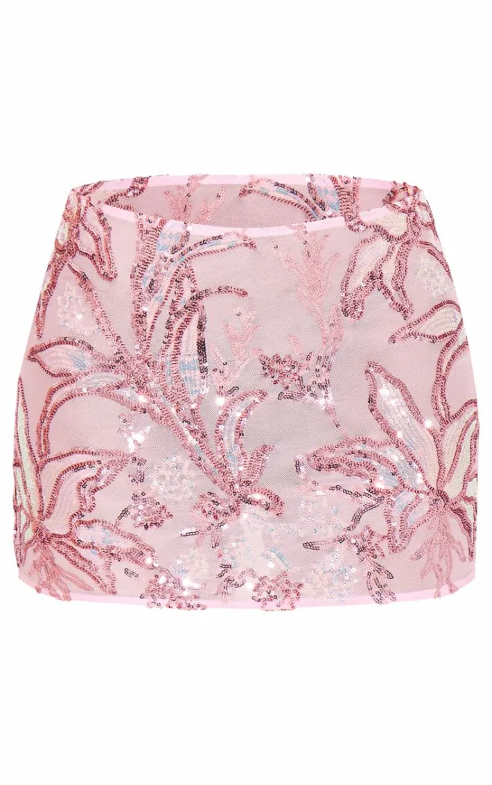 Baby Pink Floral Sequin Mini Skirt