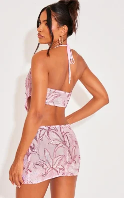 Baby Pink Floral Sequin Strappy Crop Top