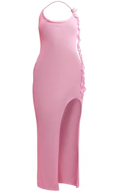 Baby Pink Flower Embellished Sheer Knit Maxi Dress