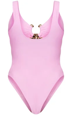 Baby Pink Hammered Trim Plunge Swimsuit