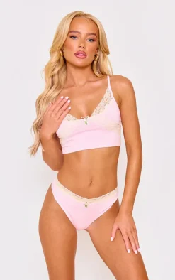 Baby Pink Lace Trim Bralette And Thong Lingerie Set