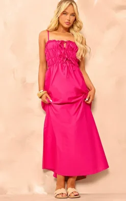 Baby Pink Linen Look Elastic Gathered Maxi Dress