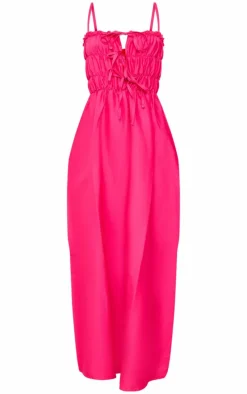 Baby Pink Linen Look Elastic Gathered Maxi Dress