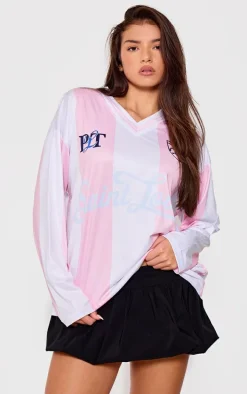 Baby Pink Logo Sports Stripped Long Sleeve Jersey