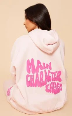 Baby Pink Oversized Main Character Energy Puff Print Hoodie