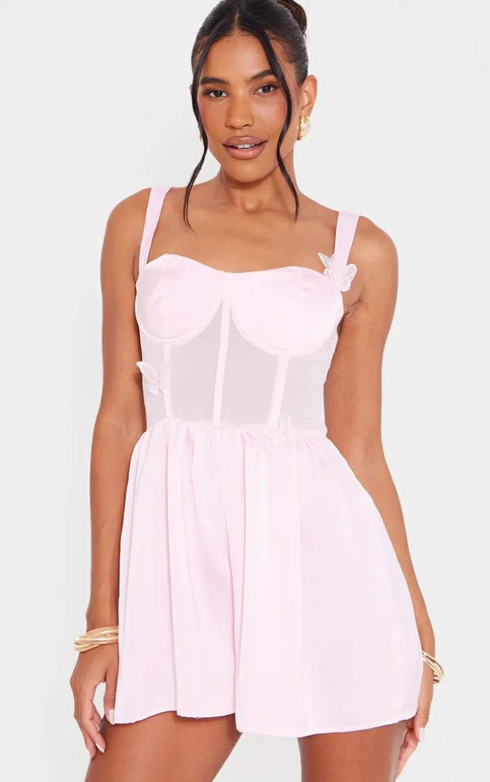 Baby Pink Satin Corset Butterfly Detail Floaty Romper