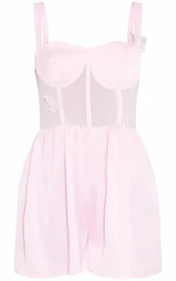 Baby Pink Satin Corset Butterfly Detail Floaty Romper